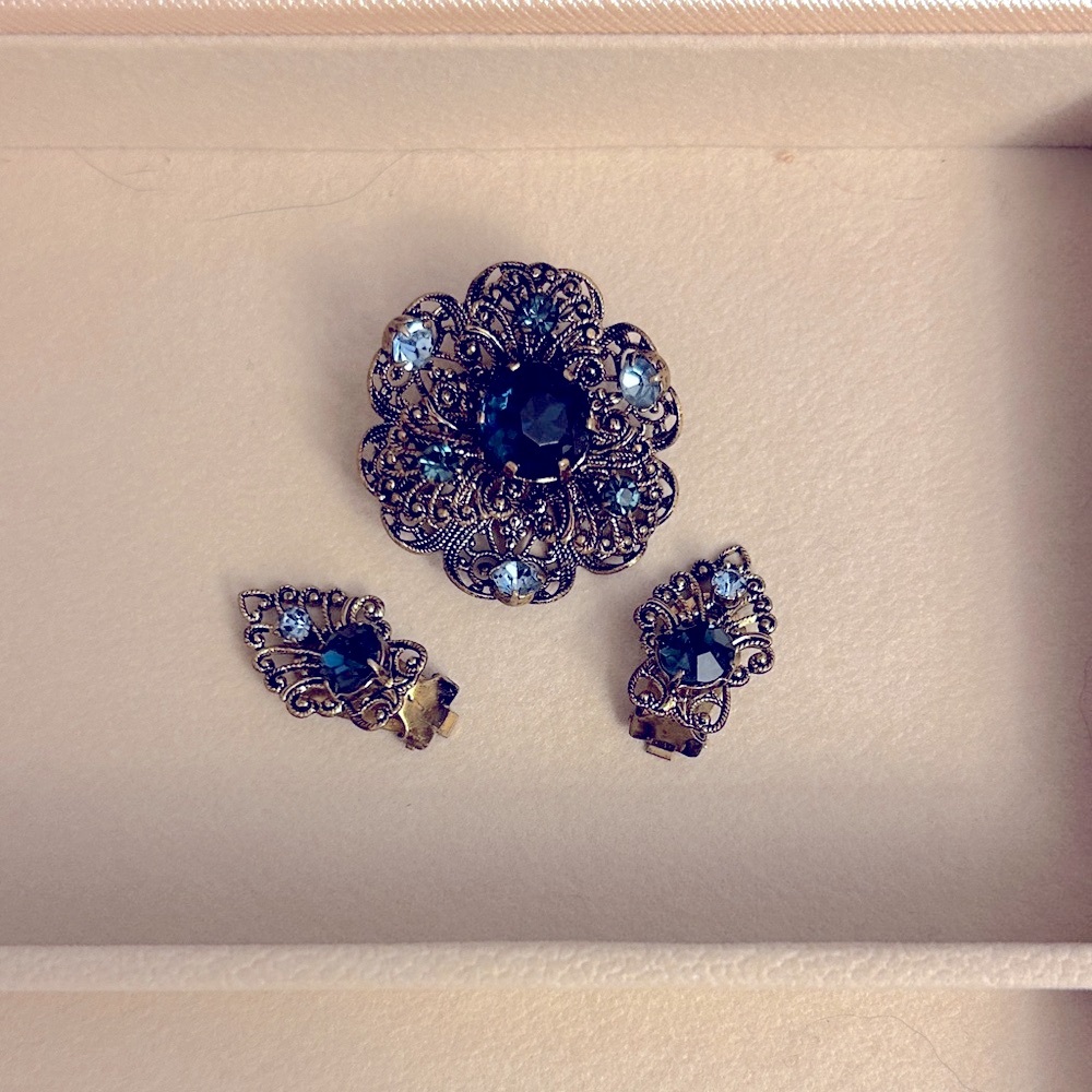 Vintage Filigree Blue Rhinestone Brooch and Clip-On Earrings Set